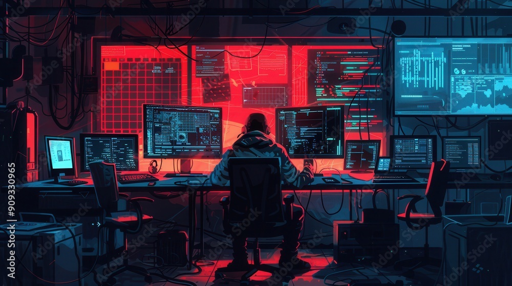 Aufkleber A hacker works intently at a desk, illuminated by the glow of multiple computer screens, in a dark, tech-filled environment. Generative AI