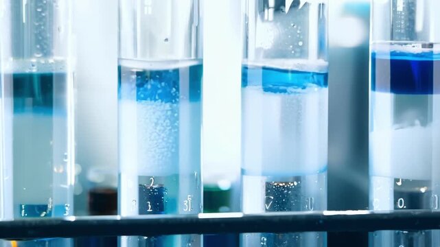 Various test tubes filled with vibrant blue solutions are observed during a laboratory experiment, showcasing chemical reactions in progress.