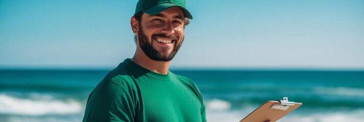 Coastal Conservationist: A smiling environmental worker, clipboard in hand, stands on a sunny beach, embodying dedication to ocean and marine life preservation.