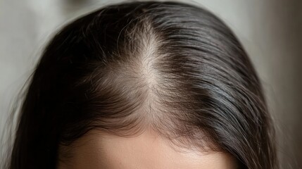 Close-up of a woman's scalp showing hair thinning