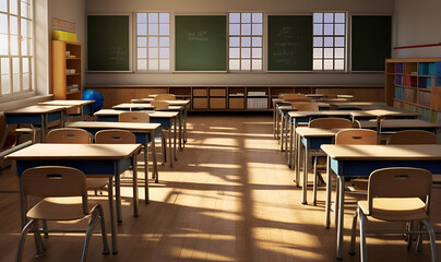 An empty classroom, with desks, blackboard, posters and sunlight