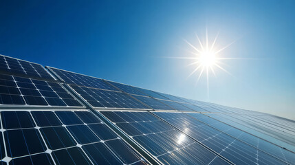 **Solar energy panels capturing direct sunlight against a clear blue sky, embodying sustainable power generation and eco-friendly technology.**
