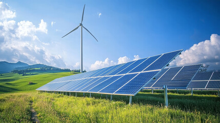 Solar panel farm with wind turbines in the background against a beautiful  sky.