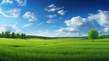 Obraz premium Expansive green field with a distant forest and bright blue sky, featuring white clouds Great for nature, environment, and outdoor scenes