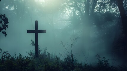 Naklejka premium A cross in a foggy forest creating an eerie atmosphere