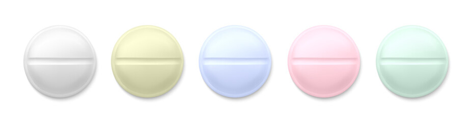 Realistic round pill set. Pills splited in half. Symbol of treatment. Antibiotics, vitamins. Vector illustration