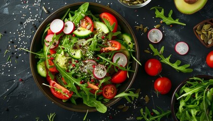 sharp top view banner of a fresh vegetable salad in a bowl, featuring tomatoes, avocado, arugula