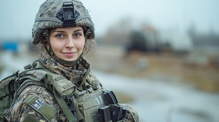 Female Soldier Standing Alert in Military Gear on Foggy Day Outdoors