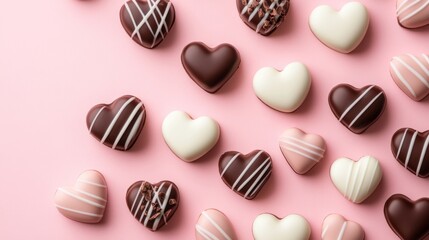Fototapeta premium Heart-shaped assorted chocolates on pink background. Valentine's Day, love and romance concept
