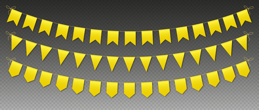 recommend clip art: Yellow bunting flags, carnival party flags, festive pennants hanging on a rope. Festival vector decoration.