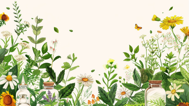 Herbal Medicine. Template with different species of medicinal plants, drug bottles, vials with medical drops, white background. Naturopathy, phytomedicine, phytotherapy. Horizontal banner, Copy space