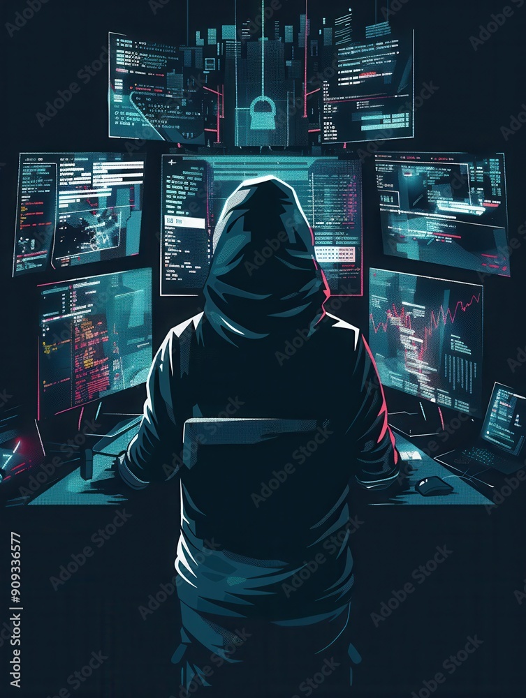 Aufkleber A person in a hoodie analyzes complex data on various computer screens while focusing on hacking tasks in a dimly lit room. Generative AI