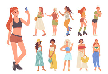 Attractive young women cartoon characters wearing trendy summer outfit enjoying fun time big set