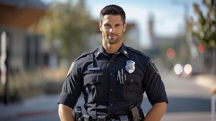 Fototapeta premium Uniformed Officer Standing Confidently on a City Street During Daytime
