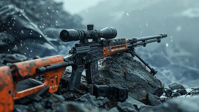 A custom rifle with an orange accent rests on a rocky surface amid a moody, cloudy backdrop, showcasing its features in a dramatic setting