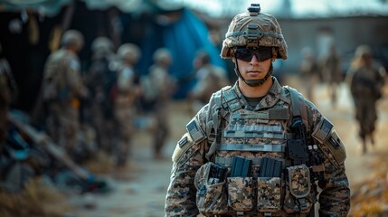 Soldier in Military Gear Patrolling Camp During Daylight in an Active Deployment Zone