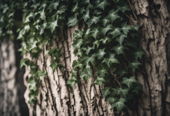 A shadowy ivy creeper climbing over a rough bark-blank covered tree branch isolated on transparent b