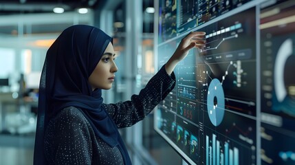 Muslim woman in hijab interacting with holographic technology
