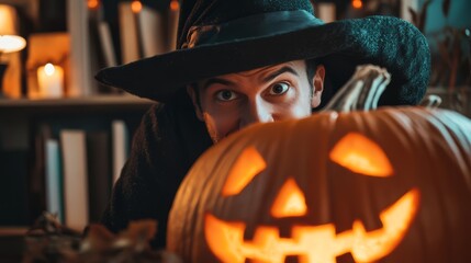 Fototapeta premium Happy man in witch costume peeking out from behind Halloween pumpkin
