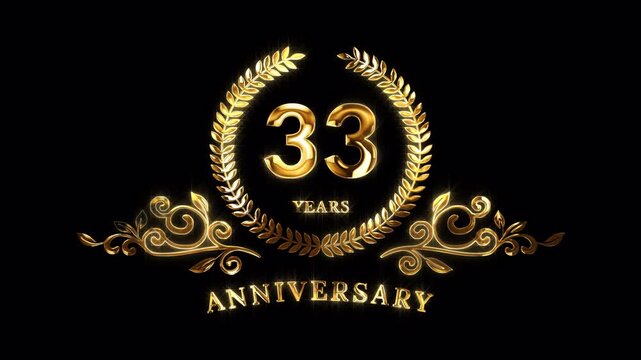 33rd Anniversary Celebration. Happy 33 Years Anniversary Animation in Gold Color on the Transparent Background, Alpha Channel. Great for greetings, celebrations, events, and gifts.