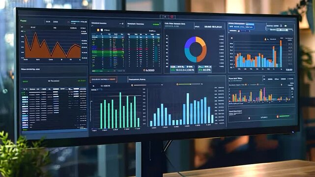 A vibrant data dashboard showcases various analytical metrics and visualizations in a contemporary office during the late afternoon hours