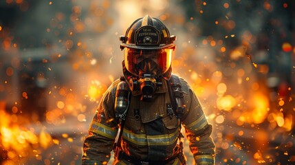 Fototapeta premium Brave Firefighter Battling Fierce Flames During Intense Blaze in Urban Environment