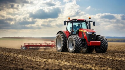 Obraz premium Red Tractor Working on a Field