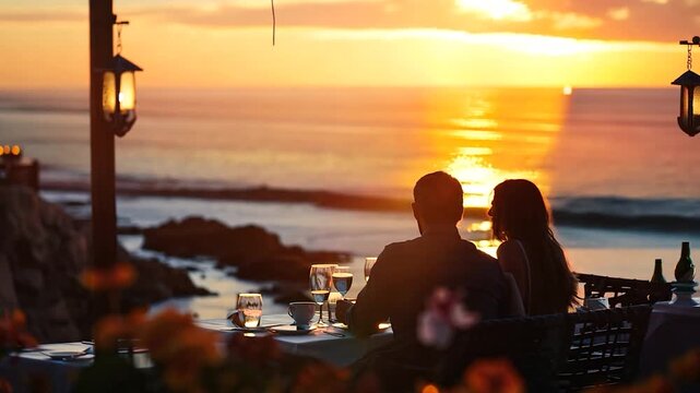 A couple enjoys a romantic dinner as the sun sets over the ocean, casting beautiful colors across the sky and water