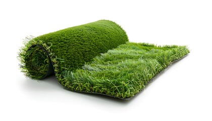 Fototapeta premium Rolled artificial grass carpet on white background. Exterior element