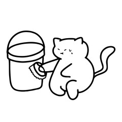 Charming Cat Brushing Bucket Line Art Vector | Cute Minimalist Design