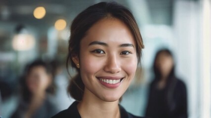 A cheerful young East Asian businesswoman smiles at the camera in a bustling office
