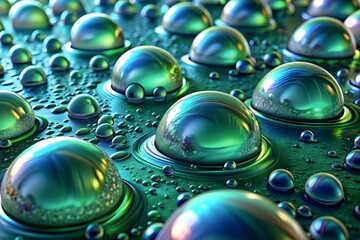Naklejka premium Reflective Spheres Water Droplets Surfaces Iridescent Colors Macro Photography Art
