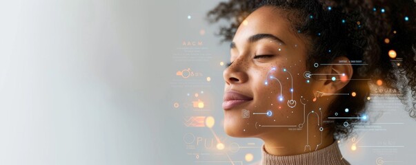 Innovative young woman with digital technology concepts and futuristic highlights