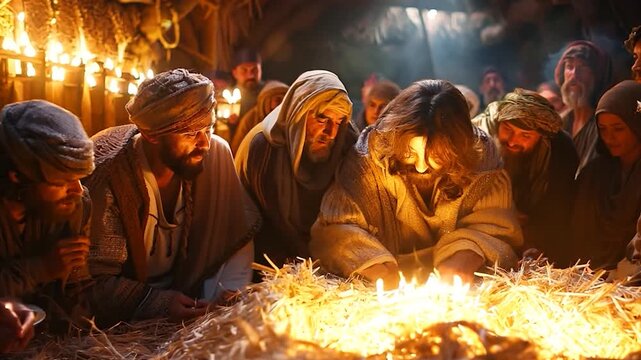 A group of people watches intently as baby Jesus tends to a softly glowing nativity scene, surrounded by warm candlelight
