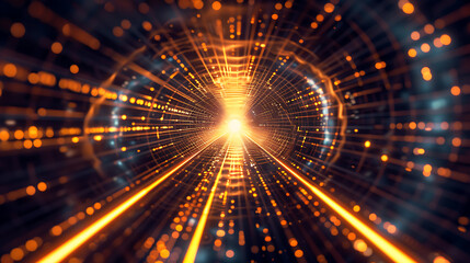 Fototapeta premium a futuristic or virtual reality tunnel. The perspective is from within the tunnel, looking towards a vanishing point in the distance