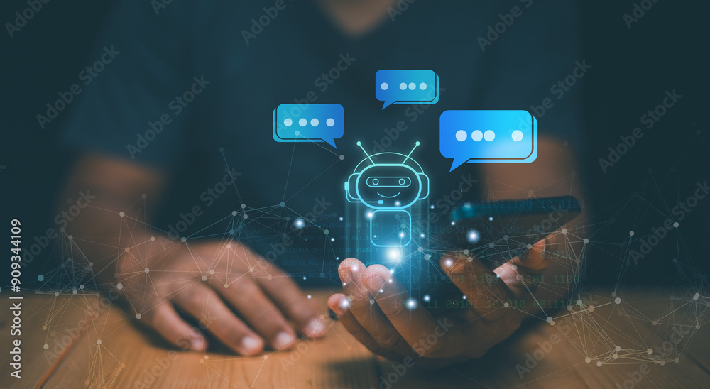 Poster Chat with AI or Artificial Intelligence technology, Businessman using smartphone chatting online with intelligent artificial or chatbot. Futuristic technology, Online automation chatbot.