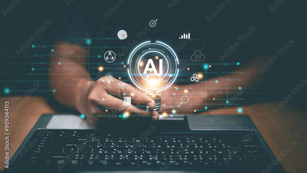 Poster innovative ai technology for business, artificial intelligence concept, businessman use laptop and h
