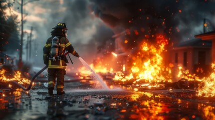 Fototapeta premium Brave Firefighter Extinguishing Flames Amidst Destructive Fire at Dusk