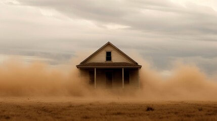 A dilapidated house in the middle of a dust storm, with dust clouds swirling around and obscuring the view' 