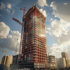 Construction of a High-Rise Building Under a Bright Blue Sky in an Urban Area