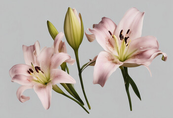 Set of springtime lily flowers and petals isolated on transparent background