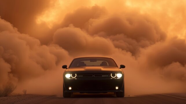 Car driving towards the viewer with a massive, rolling dust storm in the background 