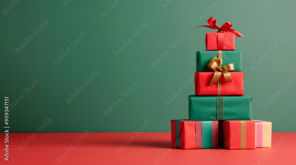 Poster Christmas tree constructed from wrapped presents, each tied with colorful ribbons, on a red to green gradient background 