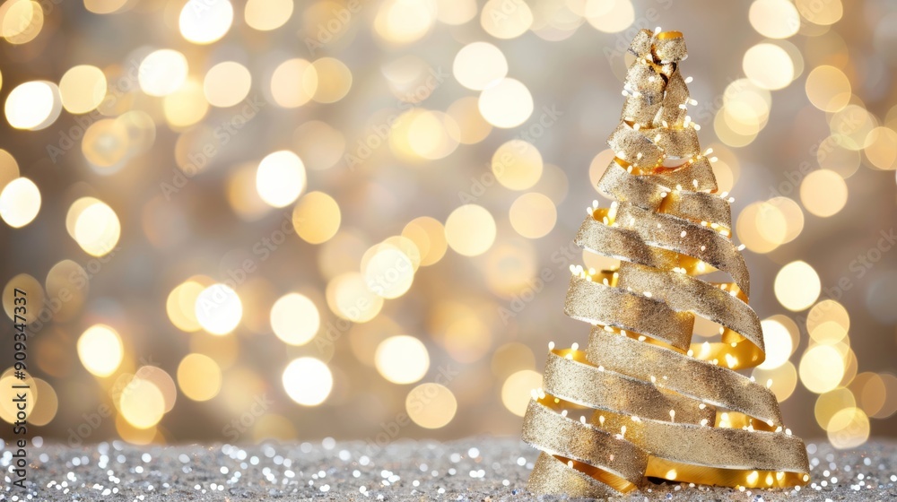 Poster Christmas tree formed by cascading ribbons and bows, shimmering with sparkles, on a gold to silver gradient background 