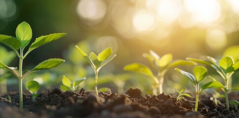 New Seedlings Growing in Dark Soil Under Soft Morning Light