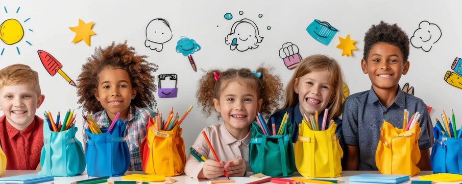 Happy children holding colorful pencils and backpacks in a cheerful classroom environment