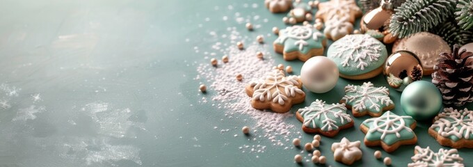 Fototapeta premium Festive Holiday Cookies Decorated With Icing and Surrounded by Ornaments and Pinecones