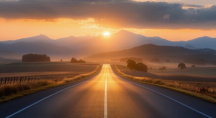 Fototapeta premium Serene Sunrise Over Misty Road in Mountain Valley