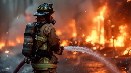 Brave Firefighter Battling Intense Blaze in Urban Area During Daytime Emergency Response