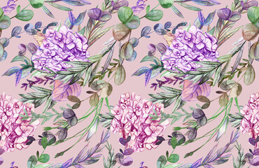 Summer pattern with hydrangea flowers drawn in pencil and watercolor for textiles and design